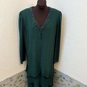 Vintage 1990’s Cattiva dark green long sleeve beaded tiered midi dress. Size 18
